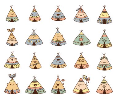 Kawaii Çadırı karakter seti değişik duygular ve kabile kamp elemanlarıyla büyüleyici dekorasyonlar gösteriyor. Mutlu orman macerası ve açık hava tasarımı için mükemmel.