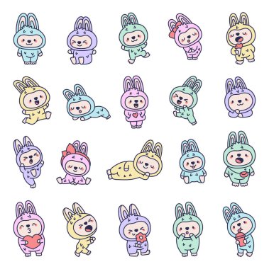 Bunnie Kostüm Kawaii karakteri sevimli bir hayvan seti. Çeşitli şirin pozlar ve duygular gösteriyor. Gülerek dans etmek, gülerek yemek yemek yemek ve uyumak gibi.