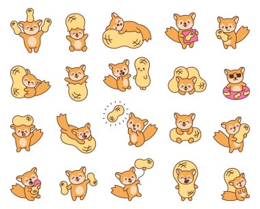 Sincap ve fıstıklı kawaii karakter seti. Hayvanlarla fındıklı, mutlu bir şekilde oturuyor, gülümsüyor, yemek ve balon tutuyor, dinleniyor, yalan söylüyor, kostüm giyiyor, yüzüyor, güneş gözlüğü takıyor.
