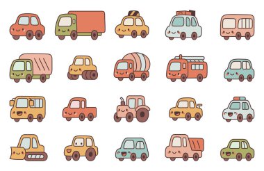 Tasarımlarınız için kamyon, taksi, otobüs, pikap, traktör, buldozer, polis arabası, itfaiye motoru ve çimento karıştırıcı gibi gülümseyen sevimli otomobil kawaii karakterlerini gösteren araç seti