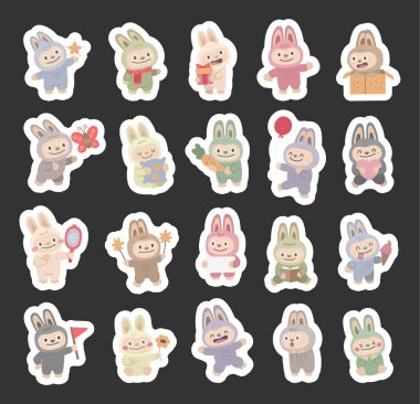 İskandinav tarzında hazırlanmış sevimli tavşan karakteri tasarım projeleriniz için kalp, hediye, balon, bayrak ve çiçek içeren çeşitli karikatür pozları içeriyor.