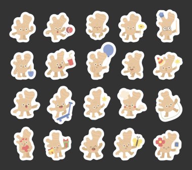 İskandinav tarzında farklı karikatürlerle hazırlanmış zencefil kökü karakteri çiçek, ayna, hediye, balon, paket servis kupası ve mezuniyet şapkası, şef şapkası gibi objeler taşıyor.