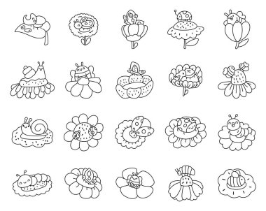 Çekici böcekler, kelebekler, uğur böcekleri, arılar, salyangozlar ve tomurcuklar arasında tırtıllar ve tasarım projeleri için bahar doğasıyla özdeşleştirilmiş çiçek ve böcekler.