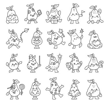 Mezuniyet şapkası, parti şapkası, sihirli değnek, illüstrasyonunuz için yüzme havuzu da dahil olmak üzere çeşitli pozlarda çeşitli objeler barındıran ana hatlar çizilmiş armut karakteri.