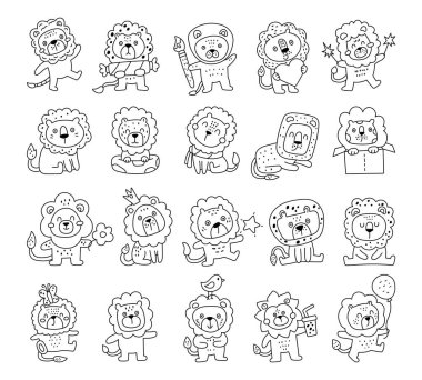 Aslan karakteri ana hatlarda farklı pozlarda, sevimli kedi yelesi kuyruğu, dekorasyon ve yaratıcı tasarım projeleri için mükemmel sevimli hayvanlar.