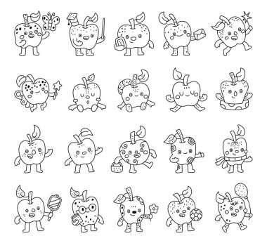 Apple karakteri farklı pozlar, duygular, tatlı meyveler ve çalışmanız için materyal çizimleri ve yaratıcı tasarım projeleri öğrenen çocuklar için mükemmeldir.