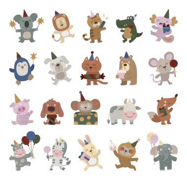 İskandinav tarzında hazırlanmış farklı pozlar, duygular ve parti şapkaları içinde pasta, balon, lolipop, hediye, maytap, konfeti, projeleriniz için şeker tutan bir hayvan karakteri.