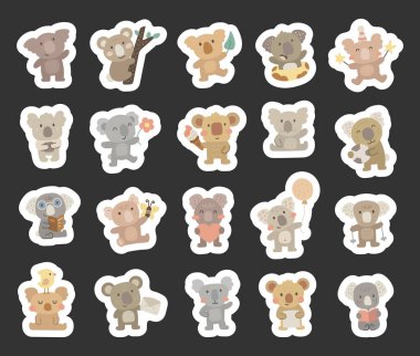 Koala karakteri, elinde çiçek, kitap, kalp, balon, top, dondurma, yürüyüş, oturma, okuma, parti şapkası ve selamlama gibi farklı pozlarda İskandinav tarzı komik hayvanlarla belirlenmiş.