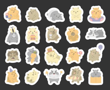 Farklı duyguları olan İskandinav tarzında ayarlanmış hamster karakteri sırt çantası, akıllı telefon, kurabiye, havuç, çiçek, balon, parti şapkası, maytap ve kutu gibi objeler taşıyor.