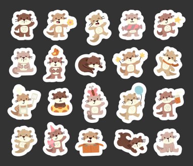 Farklı duygulara sahip İskandinav tarzında hazırlanan su samuru karakteri, çiçek, şeker, hediye, spatula, atkı, balon, parti şapkası, maytap ve tasarım projeleri için kutu gibi objeler taşıyor.