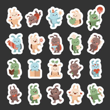 Farklı şirin nesnelerle İskandinav tarzında ayarlanmış böcek hayvan karakteri ve elma, balon, şeker, çiçek, yastık, kitap, kutu, kalp, zarf gibi pozlar.