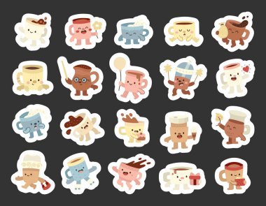 Kupa, kahve, sürahi, İskandinav tarzında farklı duygularla hazırlanmış, kapkek, patlamış mısır, kalp, balon, dizayn projeleri için maytap içeren bir kupa karakteri.