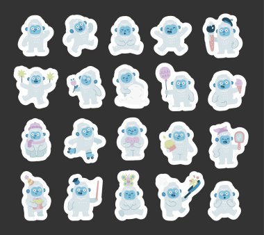 İskandinav tarzında dizayn edilmiş sevimli kar yeti karakteri elinde farklı nesneler tutarken çeşitli duygular gösteriyor ve tasarımlarınız için eğlenceli kış aktivitelerini kutluyor.