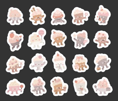 Parti şapkalı, elinde kurabiye, kaşık, kase, lolipop, fırıldak, hediye, balon, hazır fincanla İskandinav tarzında hazırlanmış kek karakteri.