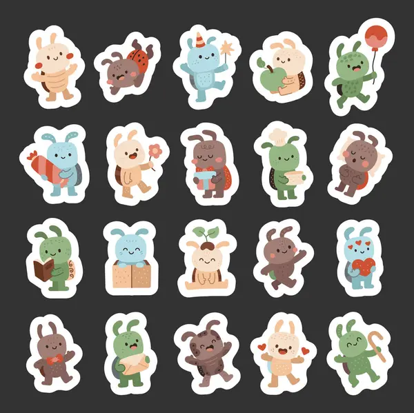 Farklı şirin nesnelerle İskandinav tarzında ayarlanmış böcek hayvan karakteri ve elma, balon, şeker, çiçek, yastık, kitap, kutu, kalp, zarf gibi pozlar.