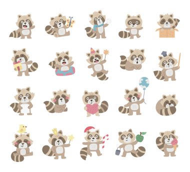 Rakun karakteri İskandinav tarzında ayarlanmış kartopu, hediyeler, doğum günlerini kutluyor, çalışıyor, aşkı paylaşıyor ve yaratıcı tasarım projeleriniz için lezzetli ikramlar sunuyor.