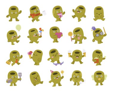 Farklı duygulara sahip İskandinav tarzında hazırlanmış zeytin karakteri, tatil, parti, kutlama ve şenlik için nesneler tutuyor. Çizimleriniz ve yaratıcı tasarım projeleriniz için mükemmel.