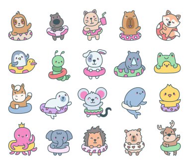 Yüzme yüzükleri olan sevimli hayvan kawaii karakteri yaz etkinliklerinin tadını çıkarıyor ve plajda ya da su kenarında dinlendirici anlar yaşıyor. Mükemmel.