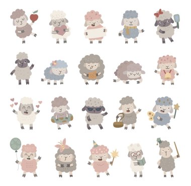 Sevimli çiftlik hayvanlarıyla İskandinav tarzında ayarlanmış koyun karakteri kutlama etkinlikleri ve yaratıcı amaçlar için nesneler tutuyor.