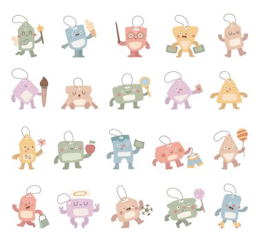 Sihirli değnek, işaret, para, boya fırçası, ayna, çiçek, elma, balon ve projeleriniz için lolipop içeren İskandinav tarzında indirimli etiket karakter