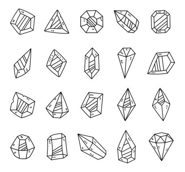 Tasarım ve tasarım projeleriniz için ana hatlarıyla çizilmiş değerli taşlar çeşitli değerli taş şekilleri, cilalanmış lüks mineral mücevher nesneleri.