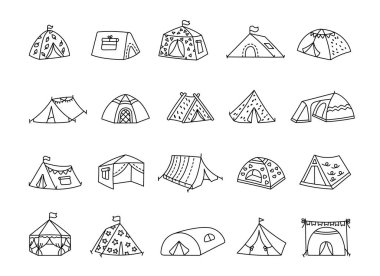 Kamp seti açık hava sığınağında ana hatları farklı şekillerde, yaz tatili maceraları ve illüstrasyonunuz için mükemmel şekiller sunuluyor.