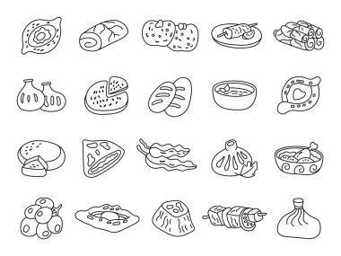 Geleneksel yemeklerden oluşan ana hatlı Gürcistan yemekleri. Khachapuri khinkali dolma shashlik pkhali kharcho church chkhela ve projeleriniz için diğer otantik mutfaklar da dahil.