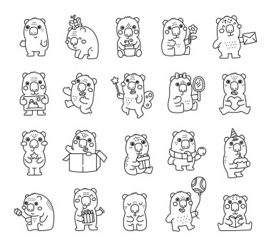 Wombat karakteri ana hat sanatında belirlenmiş sevimli hayvanların gülümsemesi ve çeşitli objeleri tutması, kutlamaları kutlaması, yemekten hoşlanması, tasarım projeleri için mükemmel okuması.