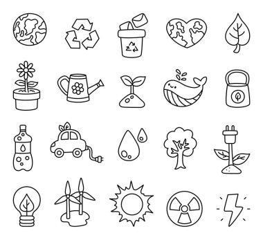 Toprak gezegeni, geri dönüşüm sembolleri, enerji kaynakları, hayvan, su, kirlilik, iklim çözümleri ve projeleriniz için çevre koruma unsurlarının yer aldığı ekoloji doğa ana hatları belirlendi