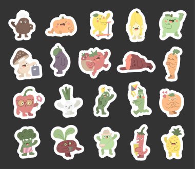 Çekici duygularla İskandinav tarzında hazırlanmış meyve ve sebze karakteri. Patates, limon, portakal, armut, biber, domates ve daha fazlası yaratıcı projeleriniz için poz veriyor.