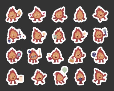 Çekici duygular gösteren ve elinde çiçek, kitap, balon, kupa, mikrofon, hediye ve daha fazlasını tutarken poz veren İskandinav tarzı bir alev karakteri.