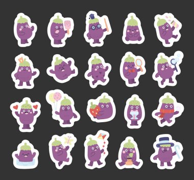 İskandinav tarzında hazırlanmış patlıcan karakteri selamları gösteriyor, yemekten hoşlanıyor, etkinlikleri kutluyor, çalışıyor, rahatlıyor, aşkı paylaşıyor ve tasarımlarınız için sezonluk eğlenceli aktiviteler sunuyor.