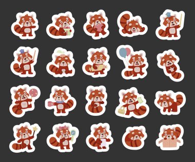 Küçük panda karakteri İskandinav tarzında ayarlanmış çeşitli duyguları gösteriyor, farklı nesneler tutuyor, yemekten zevk alıyor, dinleniyor, kutluyor, çalışıyor, tasarım projeleriniz için.