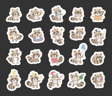 Rakun karakteri İskandinav tarzında ayarlanmış kartopu, hediyeler, doğum günlerini kutluyor, çalışıyor, aşkı paylaşıyor ve yaratıcı tasarım projeleriniz için lezzetli ikramlar sunuyor.