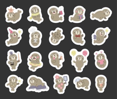 Sevimli deniz hayvanlarının gülümsediği, çeşitli nesneler tuttuğu, kutlayan, rahatlatan, yüzen, okuyan, tasarım projeleri için mükemmel yemek pişirdiği İskandinav tarzı bir fok karakteri.