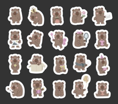 İskandinav tarzında hazırlanmış bir Wombat karakteri. Sevimli hayvanların gülümsemesi ve çeşitli objeleri tutması, kutlamaları kutlaması, yemekten hoşlanması, tasarım projeleri için mükemmel okuması.