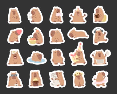 İskandinav tarzında hazırlanmış bir Capybara karakteri elinde farklı nesneler tutarken dans etmekten, arkadaşça eğlenmekten zevk alıyor.