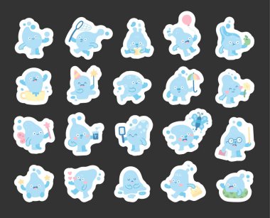 İskandinav tarzında hazırlanmış su damlası karakteri farklı pozlarda gülümsüyor, selamlıyor, okuyor, uyuyor, kutluyor, yüzüyor, öğretiyor ve çalışıyor.