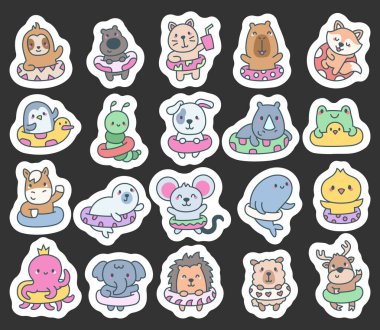 Yüzme yüzükleri olan sevimli hayvan kawaii karakteri yaz etkinliklerinin tadını çıkarıyor ve plajda ya da su kenarında dinlendirici anlar yaşıyor. Mükemmel.