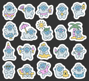 Yeti yaz karakteri Kawaii hayvanını sahilde tatilin tadını çıkarırken yiyecek içecek yüzecek güneş altında dinlenecek ve projeleriniz için komik duygular besleyecek.