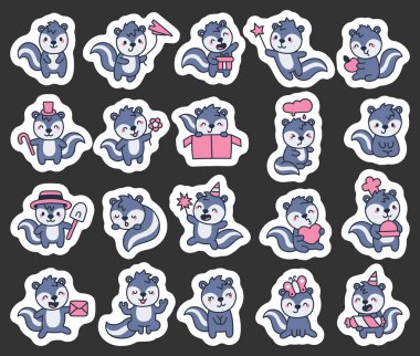 Uçan uçak, hediye, kalp, elma, kürek, tepsi, oturma ve ayakta poz veren sevimli kawai hayvanlarının yer aldığı kokarca karakter seti