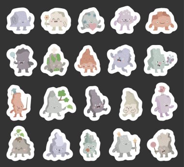 İskandinav tarzında ayarlanmış bir taş karakter. Çekici bir gülümsemesi var. Sevimli duygularla gülümsüyor, çiçek, kalp, balon, lolipop, yaprak ve şef şapkası, mezuniyet şapkası, projeleriniz için taç tutuyor.