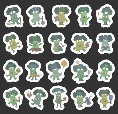 Brokoli karakteri sepet, şef şapkası, balon, eşarp, sihirli değnek, tekerlekli patenler, kalp, elma, kitap, burger ve sulama kutusuyla etkileyici pozlar veriyor.