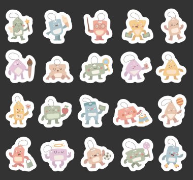 Sihirli değnek, işaret, para, boya fırçası, ayna, çiçek, elma, balon ve projeleriniz için lolipop içeren İskandinav tarzında indirimli etiket karakter