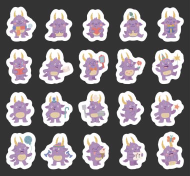 İskandinav tarzı canavar boynuzlu karakter, farklı duyguları olan ve elinde nesneler ve aksesuarlar tutan yaratık, resimleriniz ve yaratıcı tasarım projeleriniz için mükemmel.