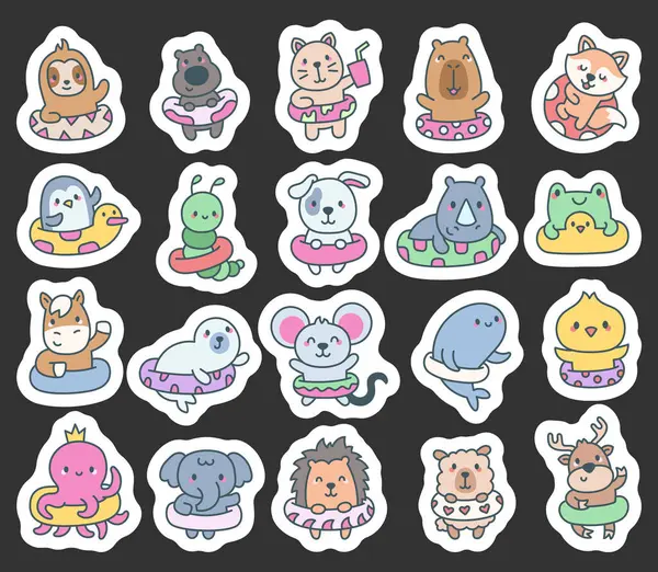 Yüzme yüzükleri olan sevimli hayvan kawaii karakteri yaz etkinliklerinin tadını çıkarıyor ve plajda ya da su kenarında dinlendirici anlar yaşıyor. Mükemmel.