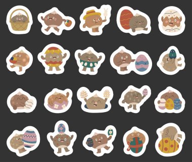 Paskalya kestanesi karakteri İskandinav tarzında farklı pozlar ve süslü yumurta, kase, sepet ve bahar tatilini kutlayan komik duygular.