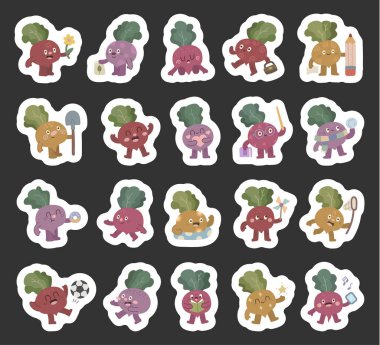 Farklı duyguları olan İskandinav tarzında belirlenmiş pancar karakteri çiçek, kitap, işaretçi, kalem, çörek, kartopu, el çantası, akıllı telefon ve kürek içeren etkinlikler sunar.