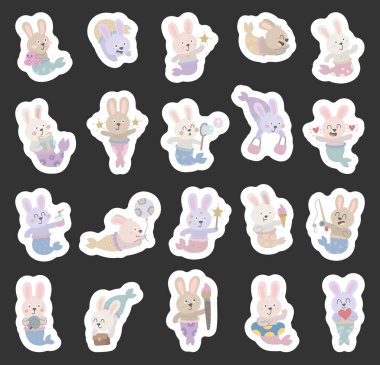 Farklı duyguları olan İskandinav tarzında ayarlanmış tavşan deniz kızı karakteri ve elinde boya fırçası, ahtapot, dondurma, deniz kabuğu, hediye, çanta, balon, kalp, paket kupası, evrak çantası.