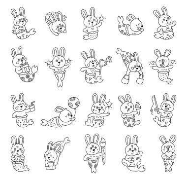 Tavşan deniz kızı karakteri farklı duyguları olan ve elinde boya fırçası, ahtapot, dondurma, deniz kabuğu, hediye, çanta, balon, kalp, paket kupası, evrak çantası olan bir resim çizer.